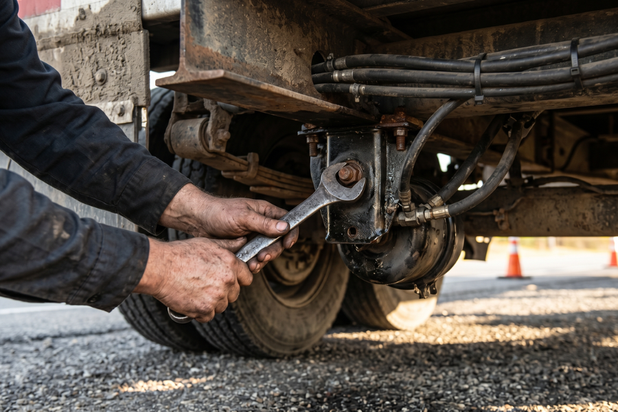 Close-up of a mechanic's greasy hands using a large wrench to repair the suspension system on the underside of a commercial trailer during a roadside emergency.