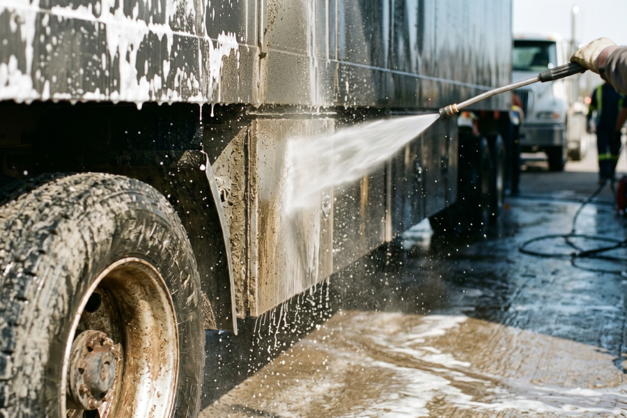 A professional detailer using a high-pressure wand and soapy water to wash away thick mud and road grime from the side boxes and tires of a commercial semi-truck.