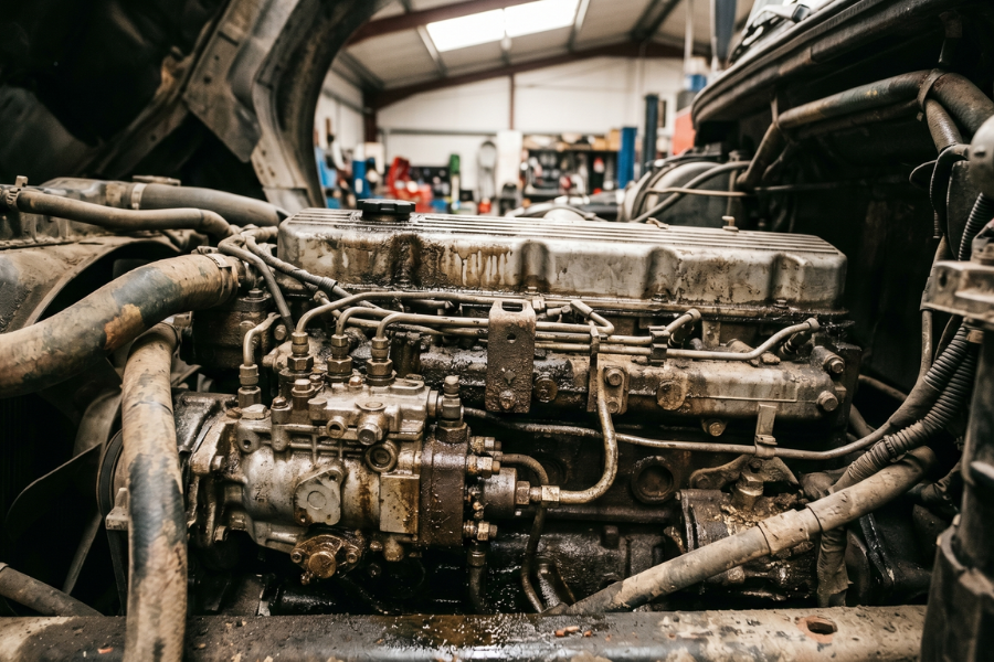 A close-up view of a heavy-duty diesel truck engine covered in caked-on grease, dirt, and oil residue before receiving a professional engine wash and degreasing treatment.