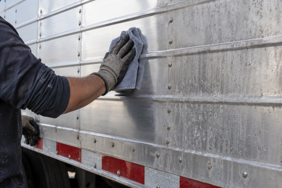Worker brightening an aluminum semi-trailer by polishing oxidized metal panels at a commercial truck wash.