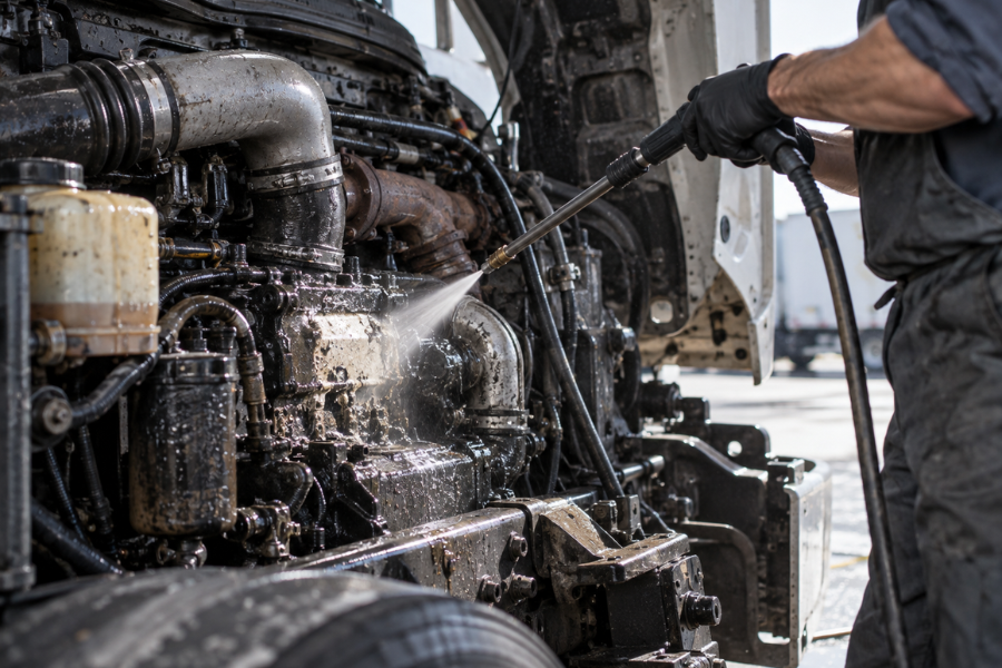 Professional semi-truck engine wash removing grease and road grime from a heavy-duty engine bay.