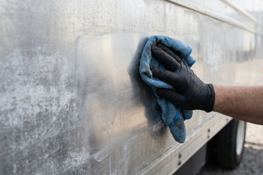 A close-up of a worker using a blue microfiber cloth to manually polish a commercial trailer, showing the clear contrast between dull, oxidized aluminum and the newly brightened metal.