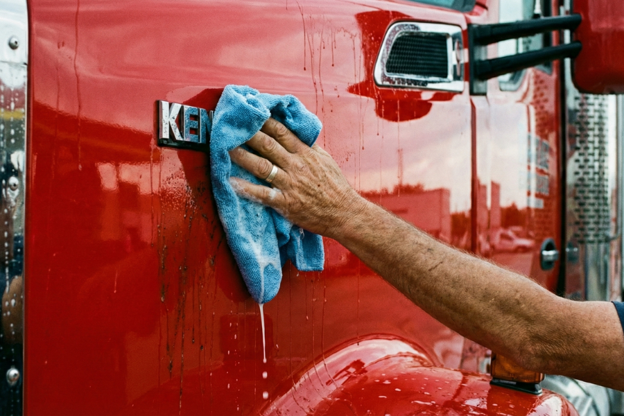 Hand washing a red semi-truck cab with a microfiber cloth during a professional truck wash