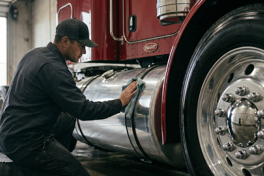A professional detailer kneeling to hand-polish the aluminum fuel tank of a red Peterbilt semi-truck with a microfiber cloth.