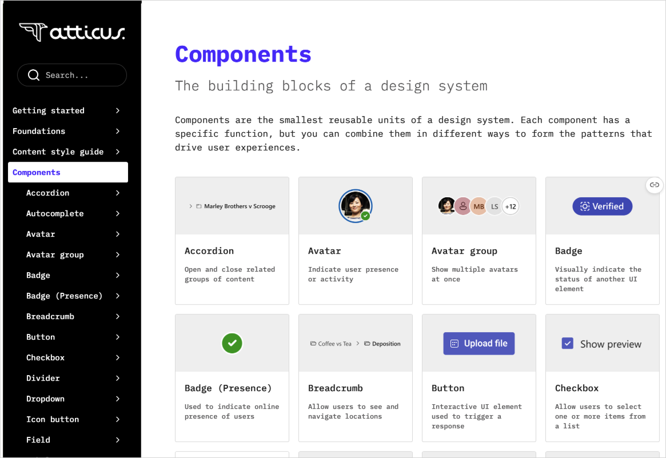 Screen capture of the Atticus design system website