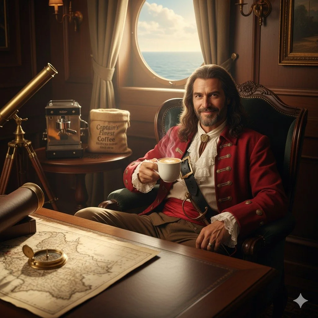 Captain Morgan just discovered the New Espresso machine we have inside Escape in Time!
He decided to help himself.

Now you can too!
Join us for your favorite Breve, Latte or mocha!