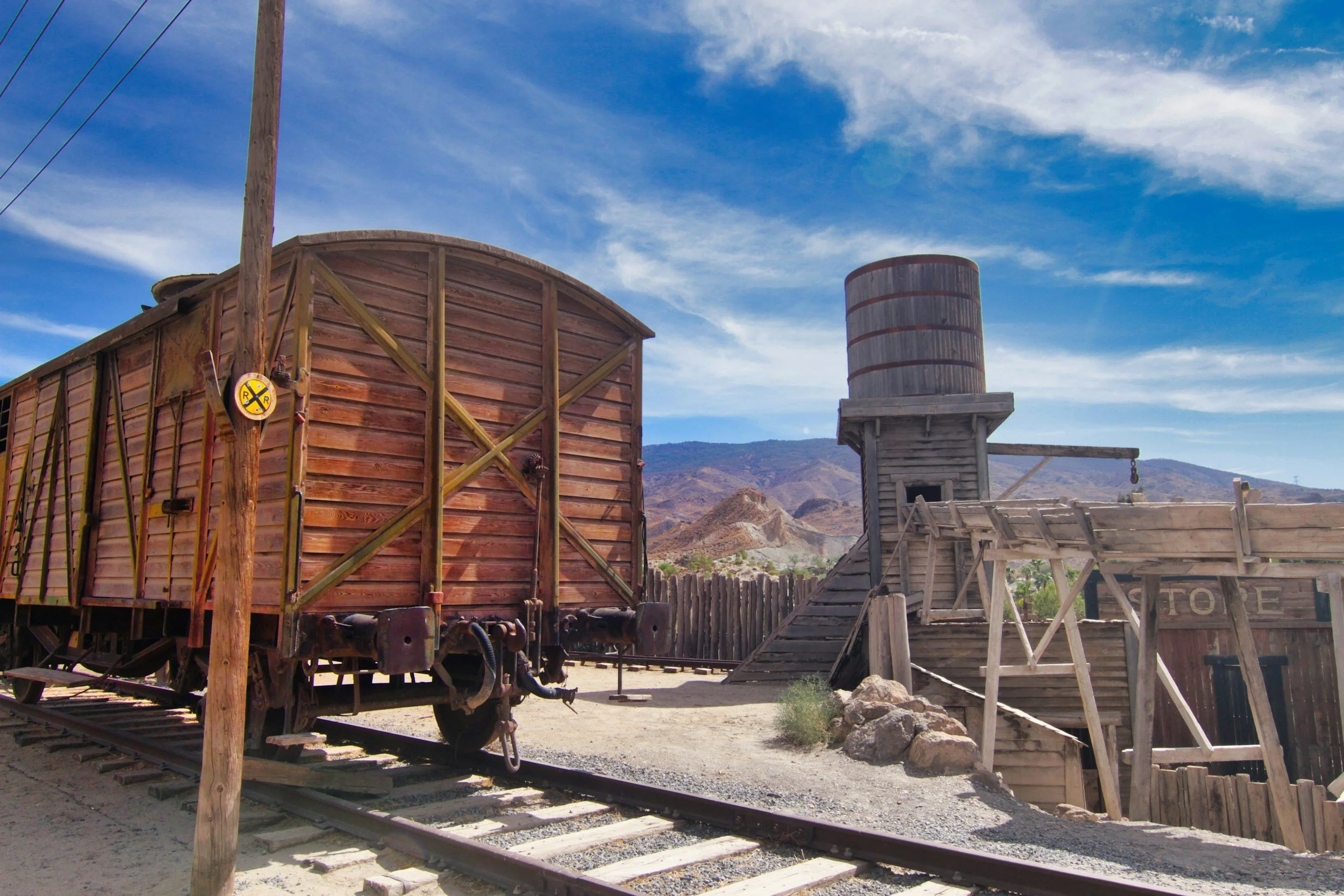 Train on tracks in desert