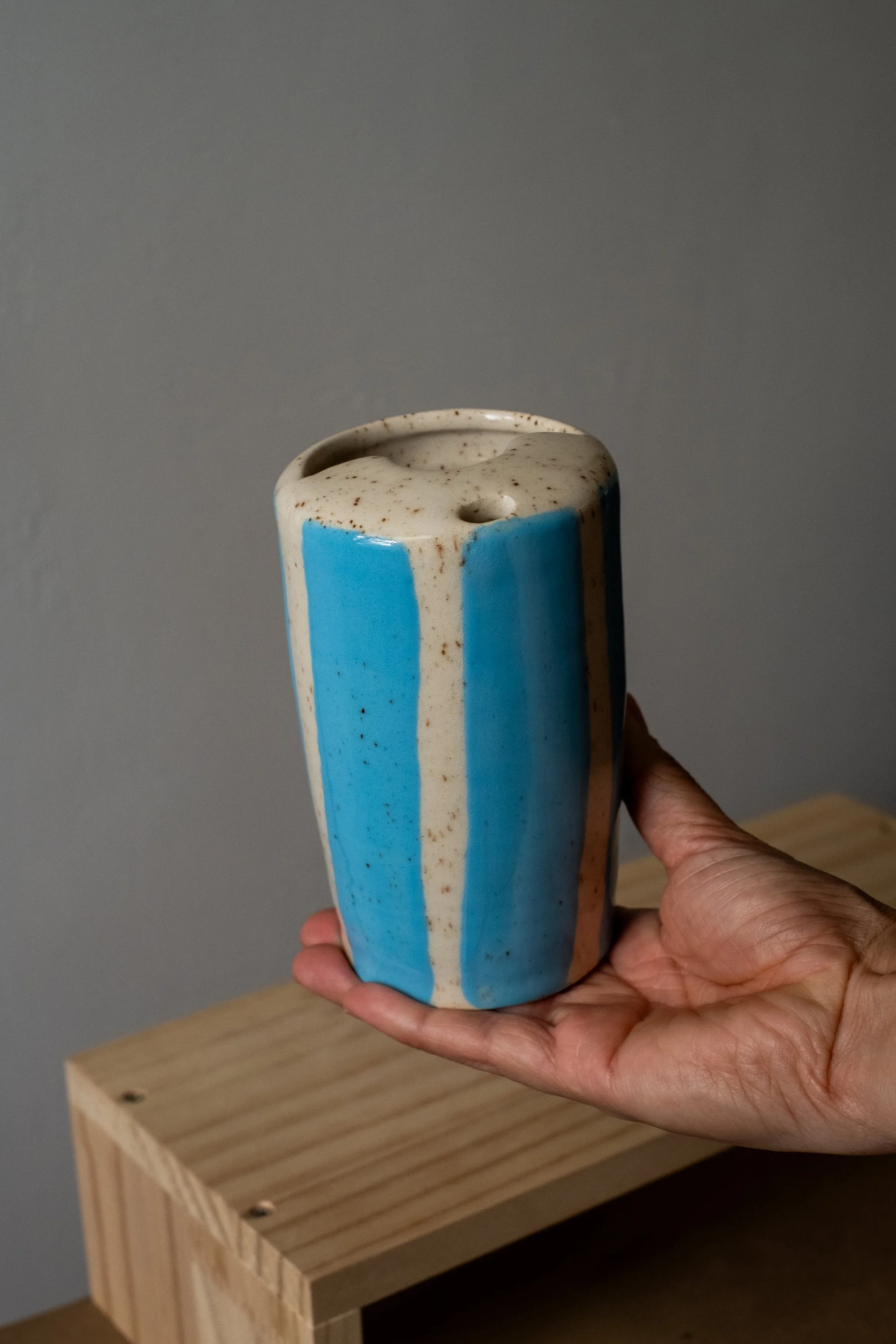 Small Travel Mug with Light Blue Stripes (12 oz)