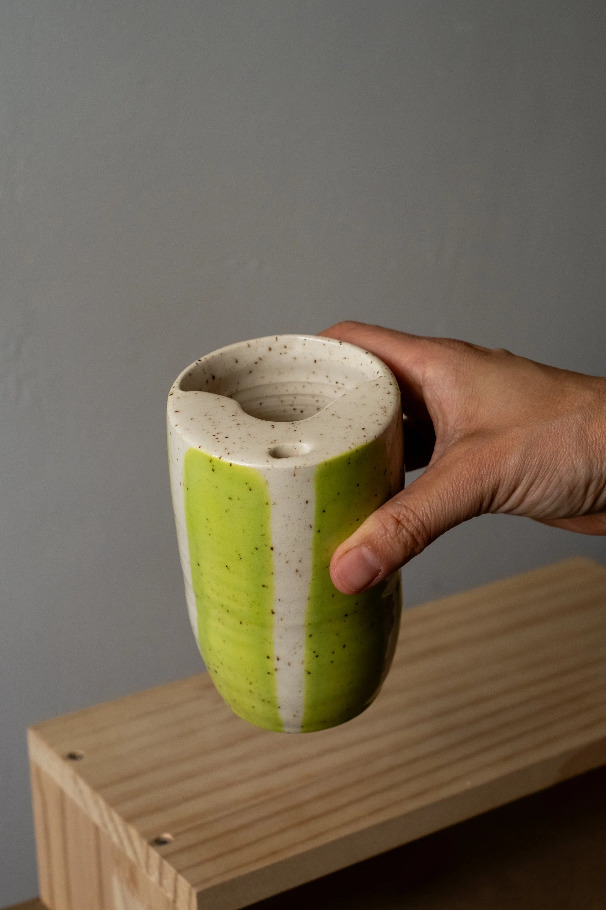 Small Travel Mug with Chartreuse Stripes (11 oz)