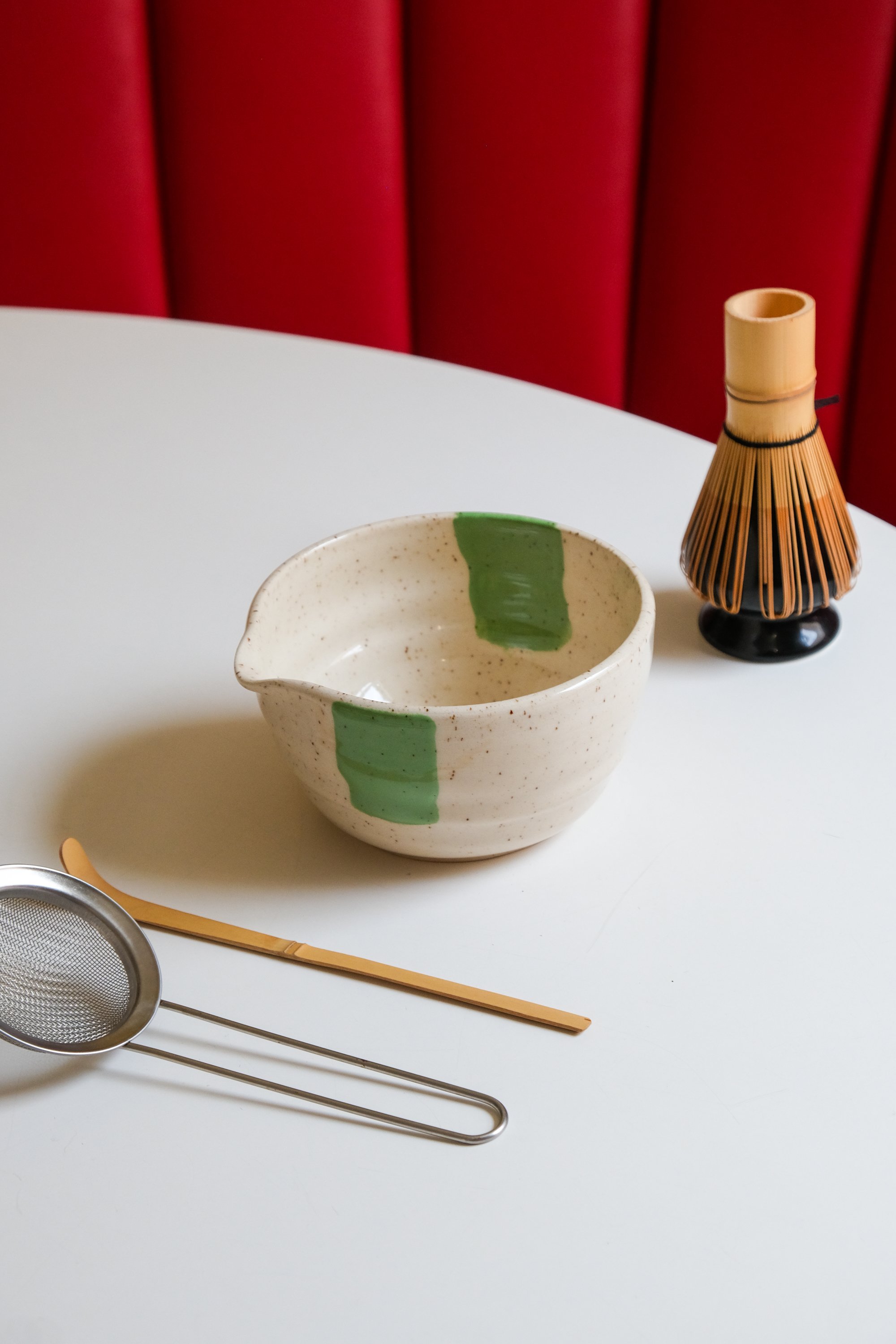 Spouted Matcha Bowl (Green Stripe) 1