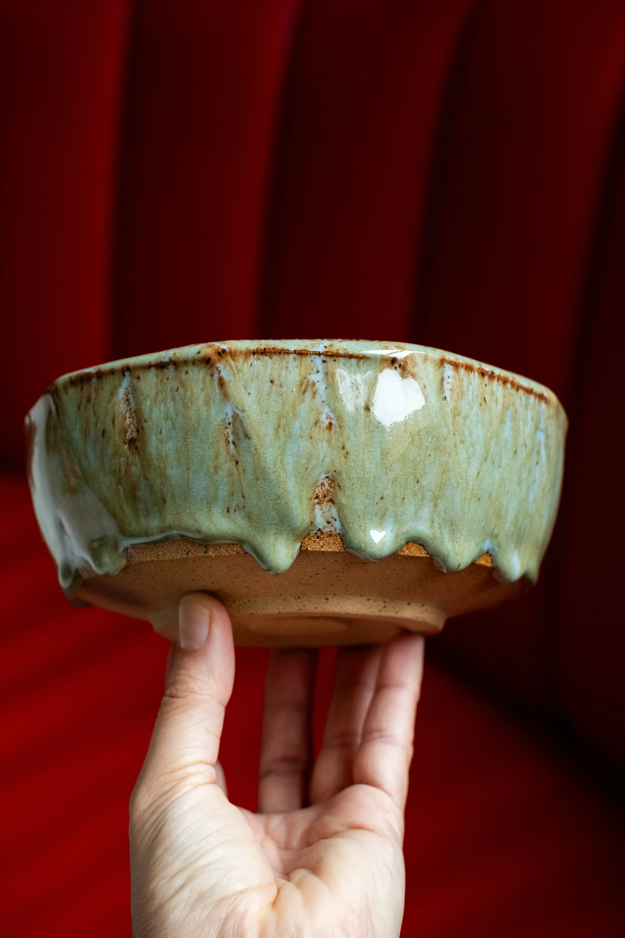 Faceted Footed Bowl with Drippy Glaze