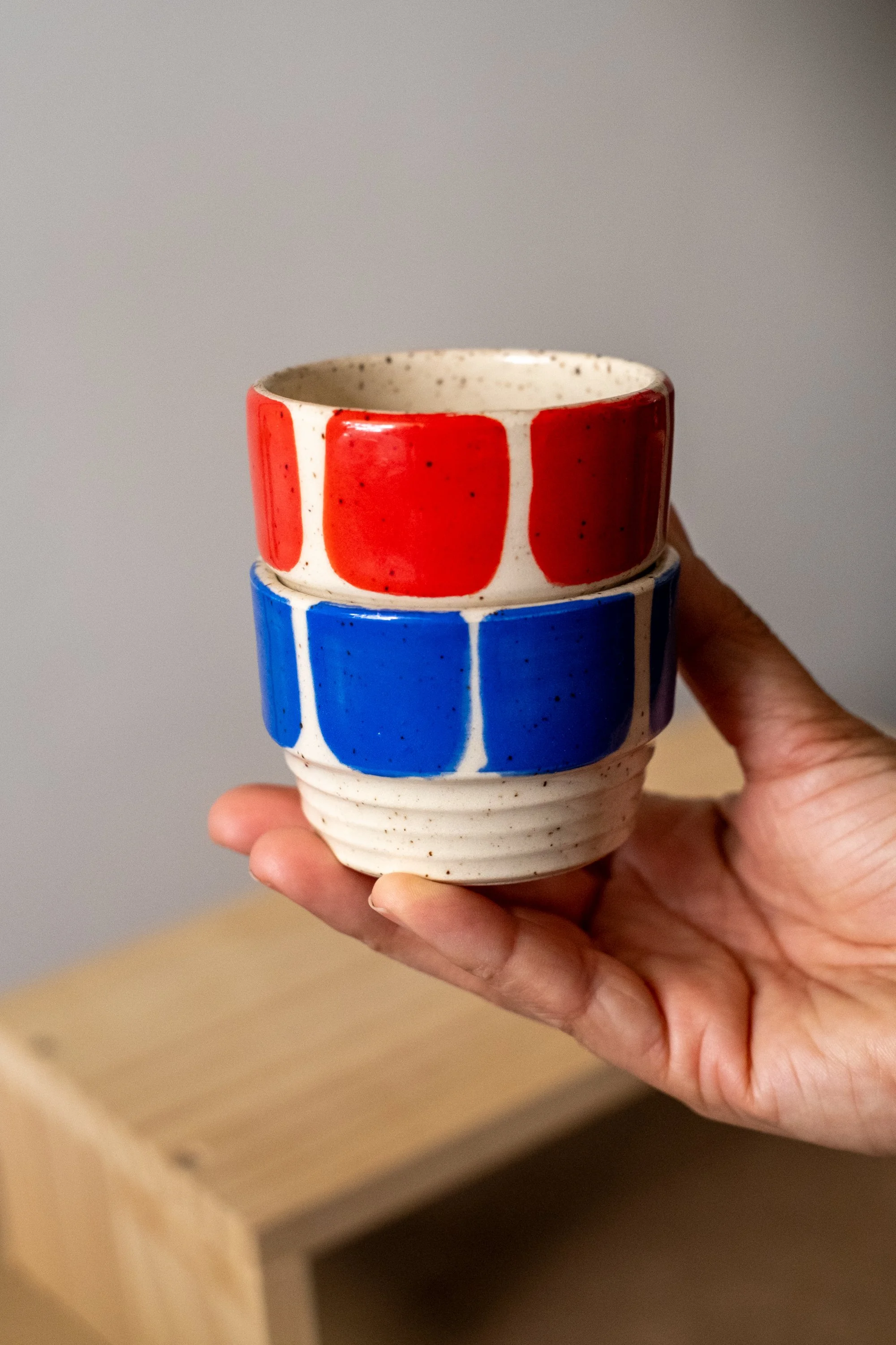 Pair of Handleless Espresso Cups (2oz) (Blue + Red)