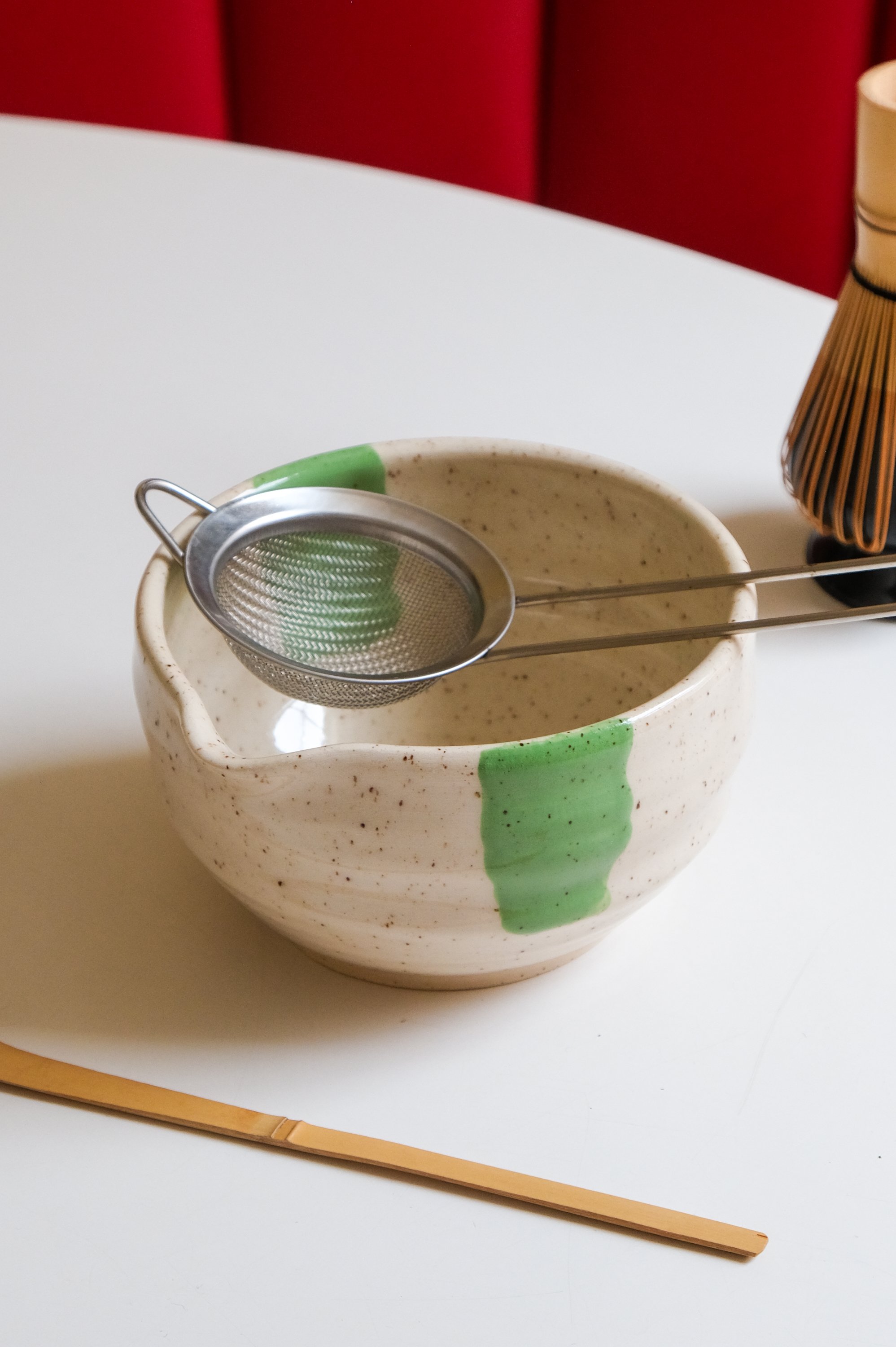 Spouted Matcha Bowl (Green Stripe) 2