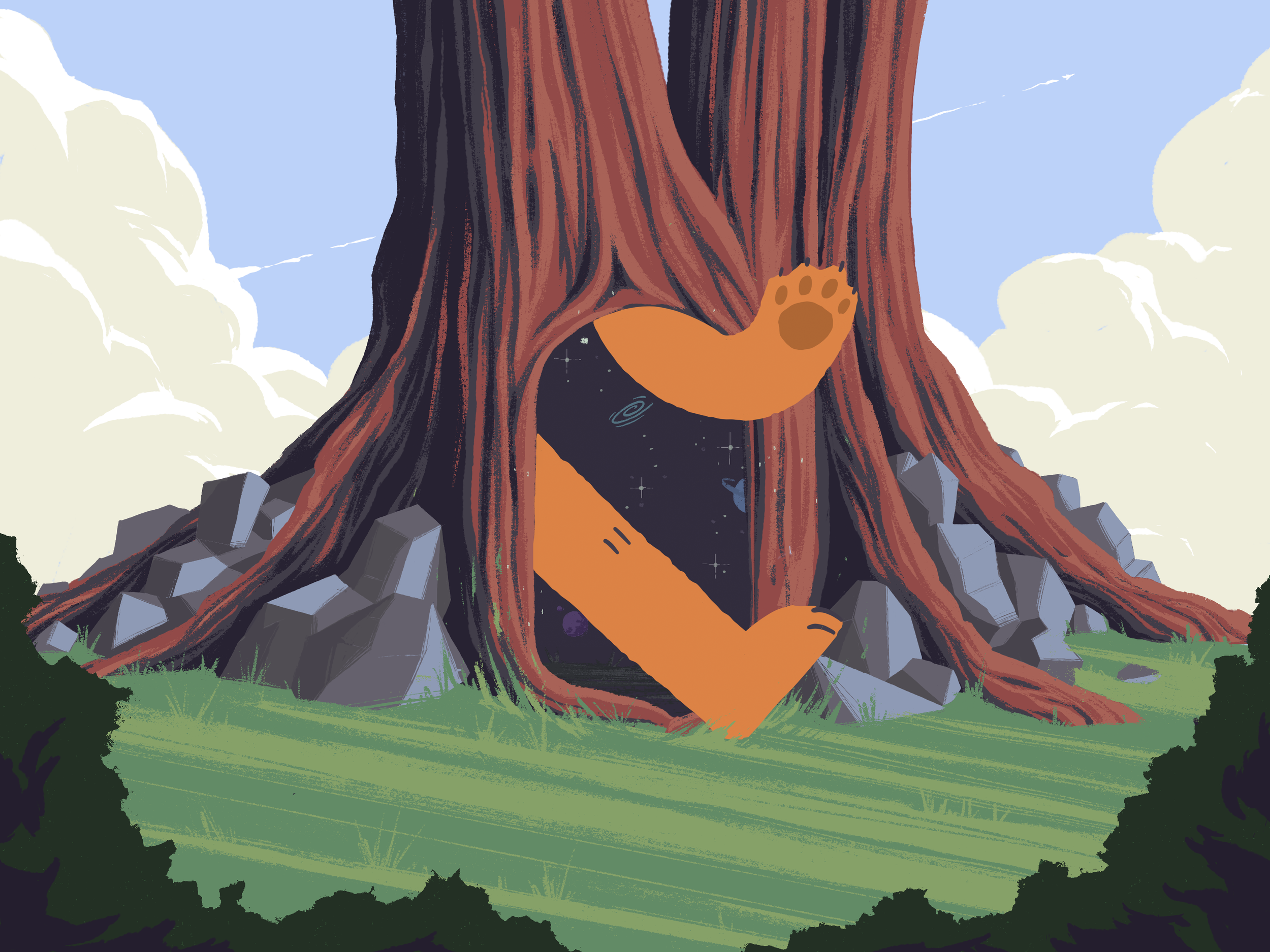 A digital painting of a bear exiting a portal in a tree.