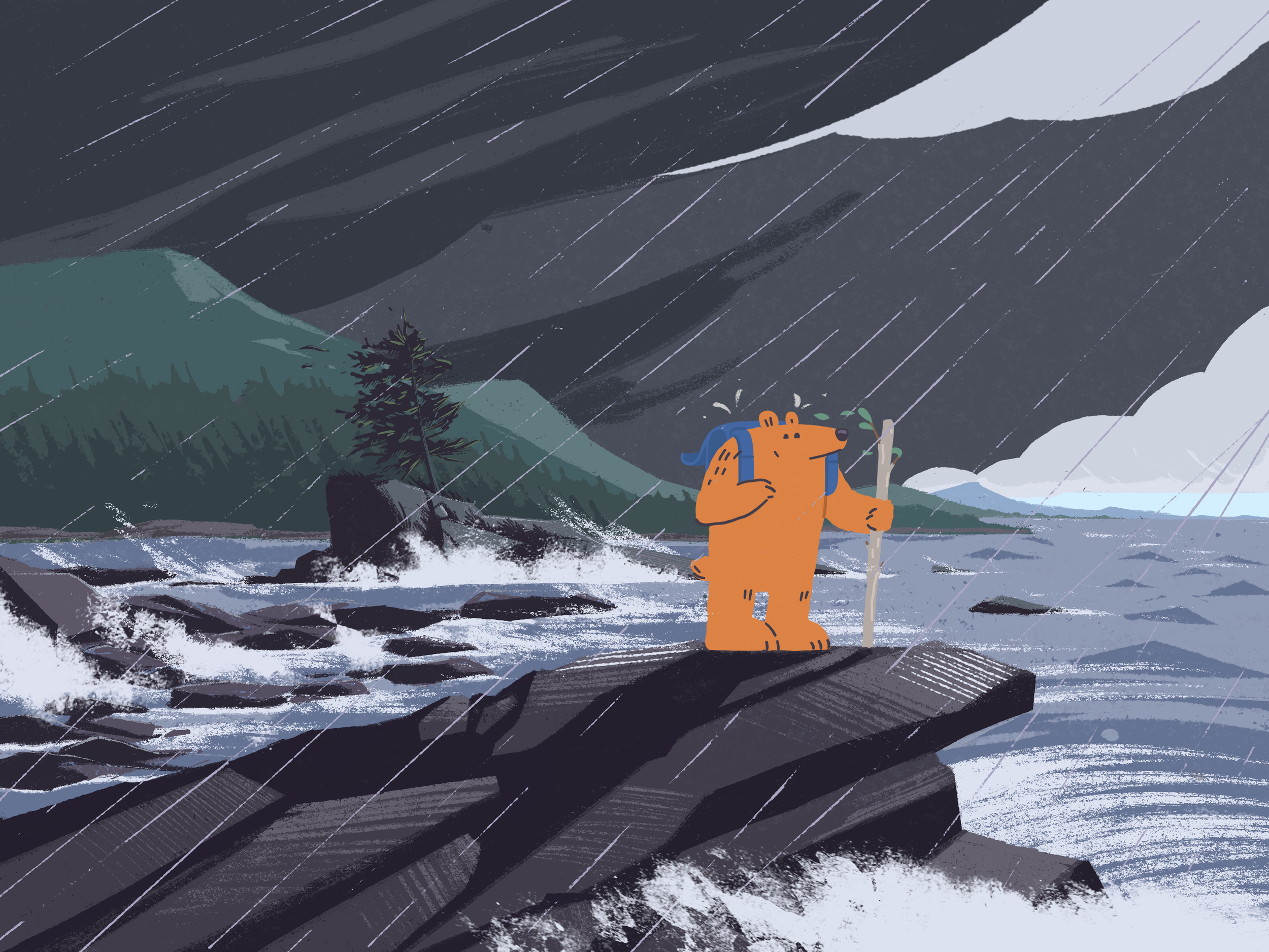 A digital painting of a bear standing on a rock beside an ocean during a storm.