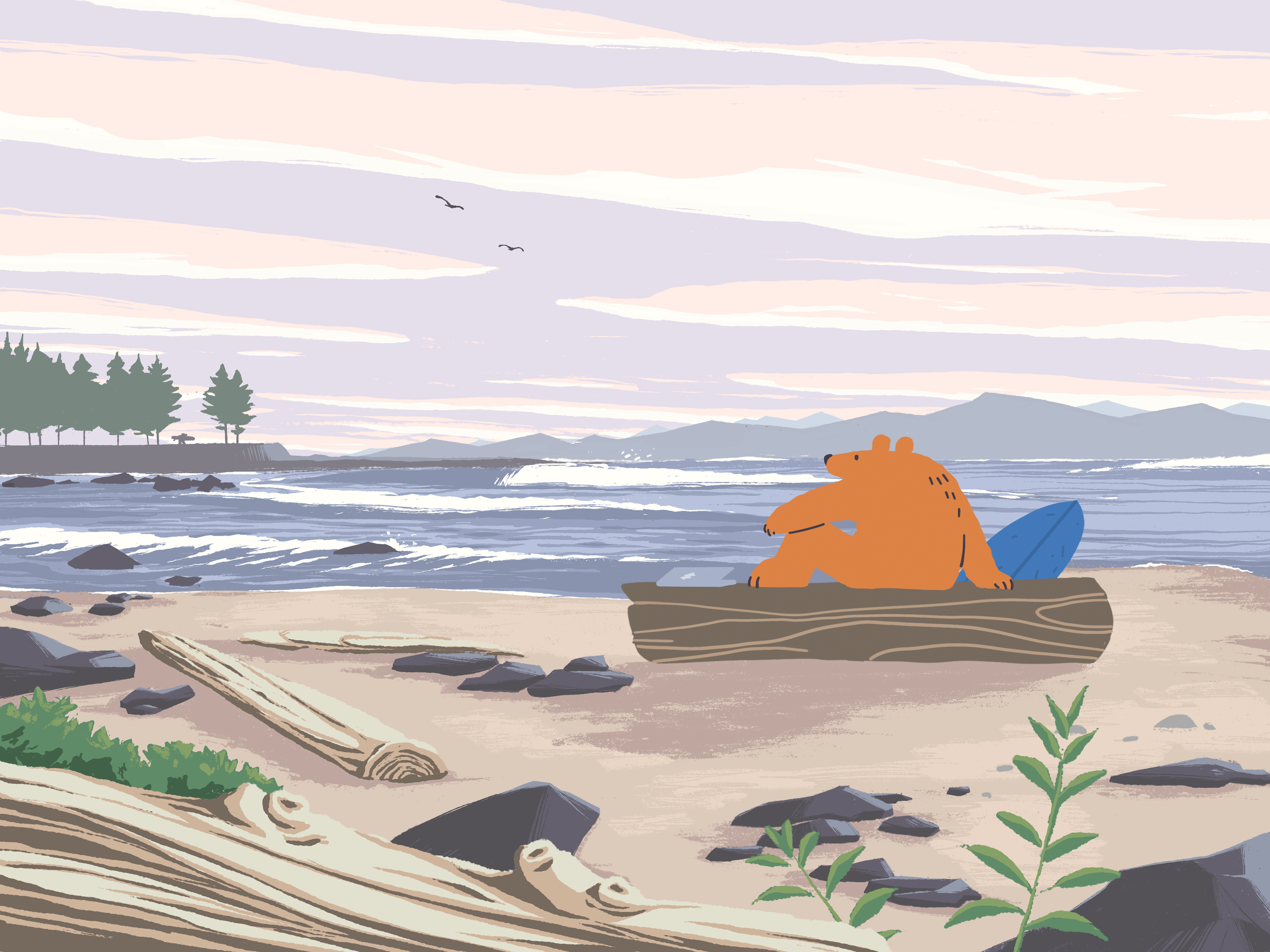A digital painting of a bear sitting on a log at the beach.