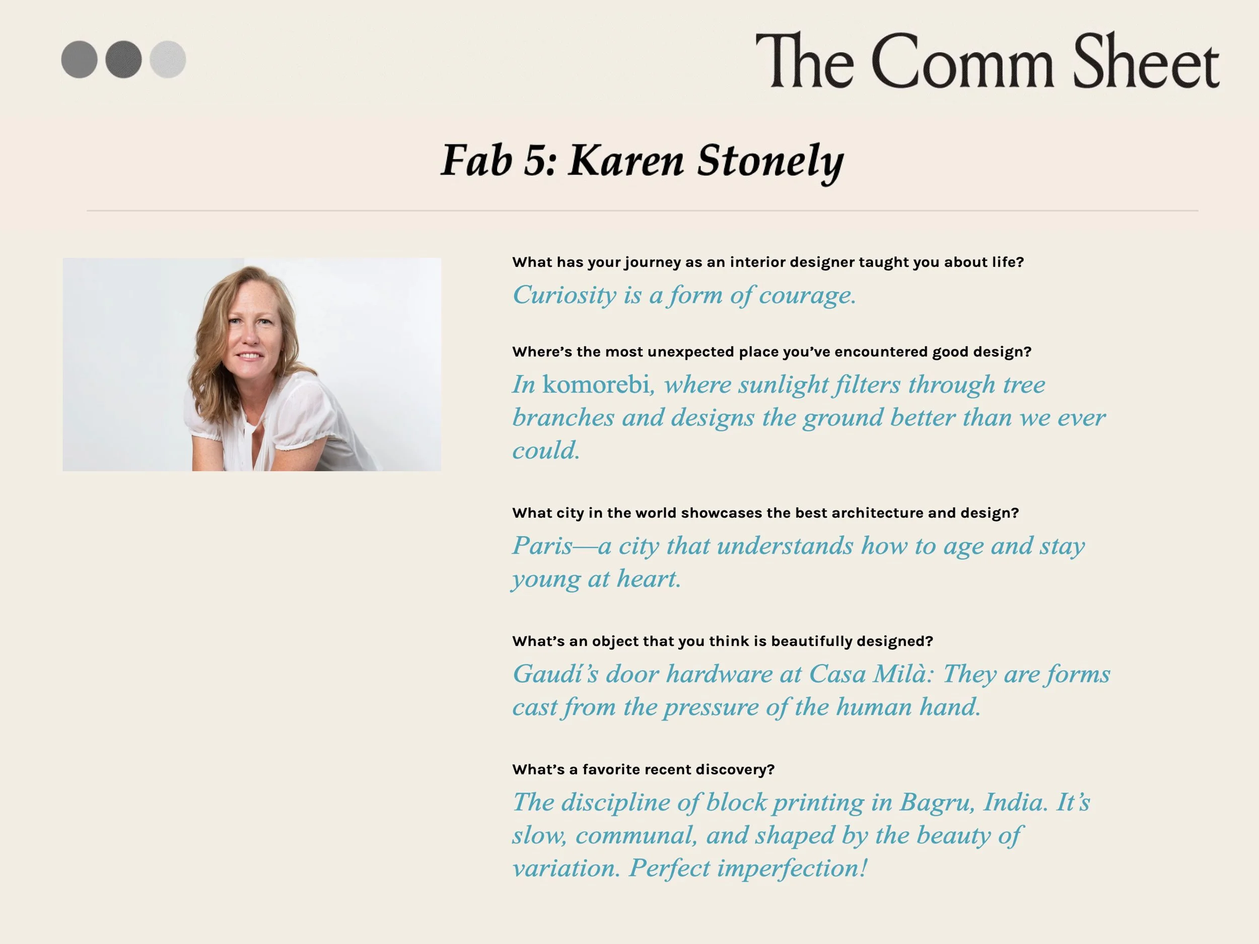 The Comm Sheet: Fab 5 with Karen Marie Stonely