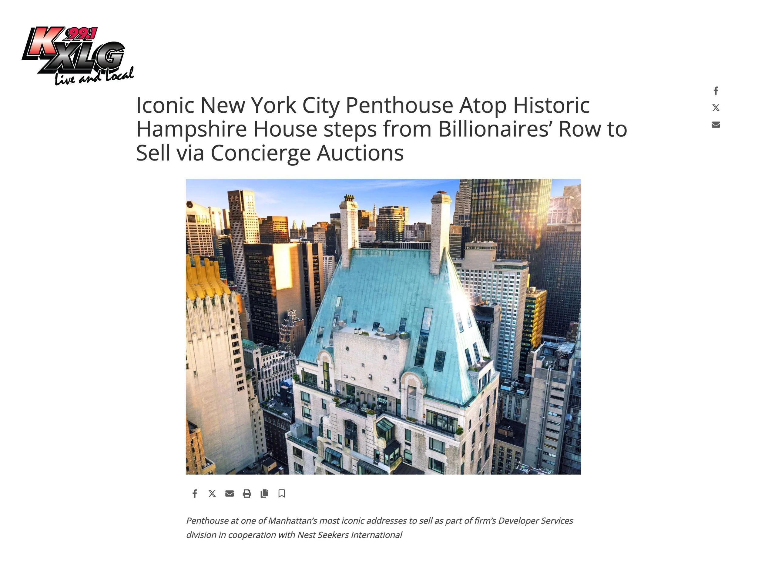 KXLG: Iconic NYC Penthouse Atop Historic Hampshire House to Sell via Concierge Auctions