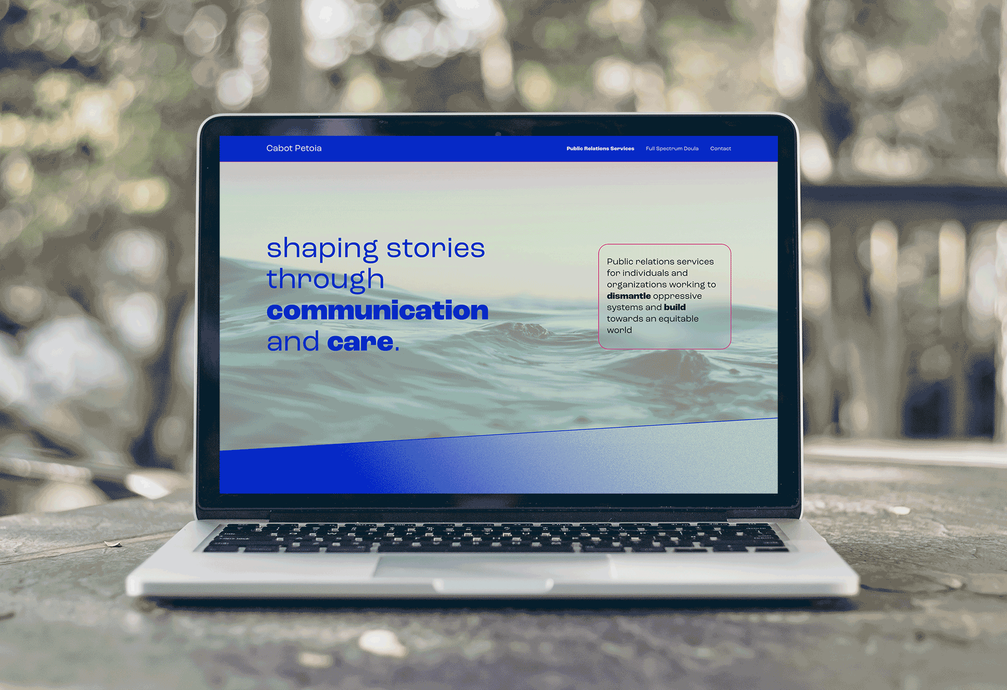 scrolling "gif" of cabot's website featuring a bright royal blue, light sea foam green and electric pink