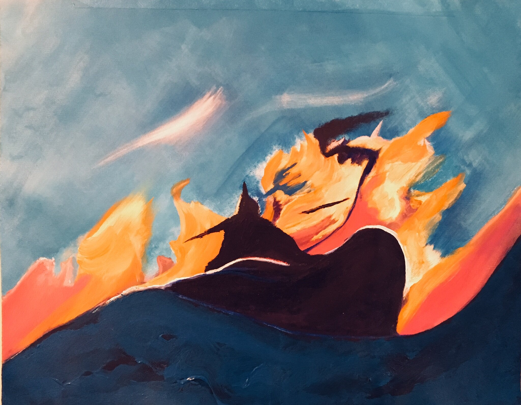 FIRE ON THE MOUNTAIN - A silhouetted peak with a fiery backdrop, both dominated by a fork-wielding specter.  Or perhaps a wind-tossed sea near sunset with Poseidon presiding.  Take your best guess; what does it evoke in you?  Remember, the title is n