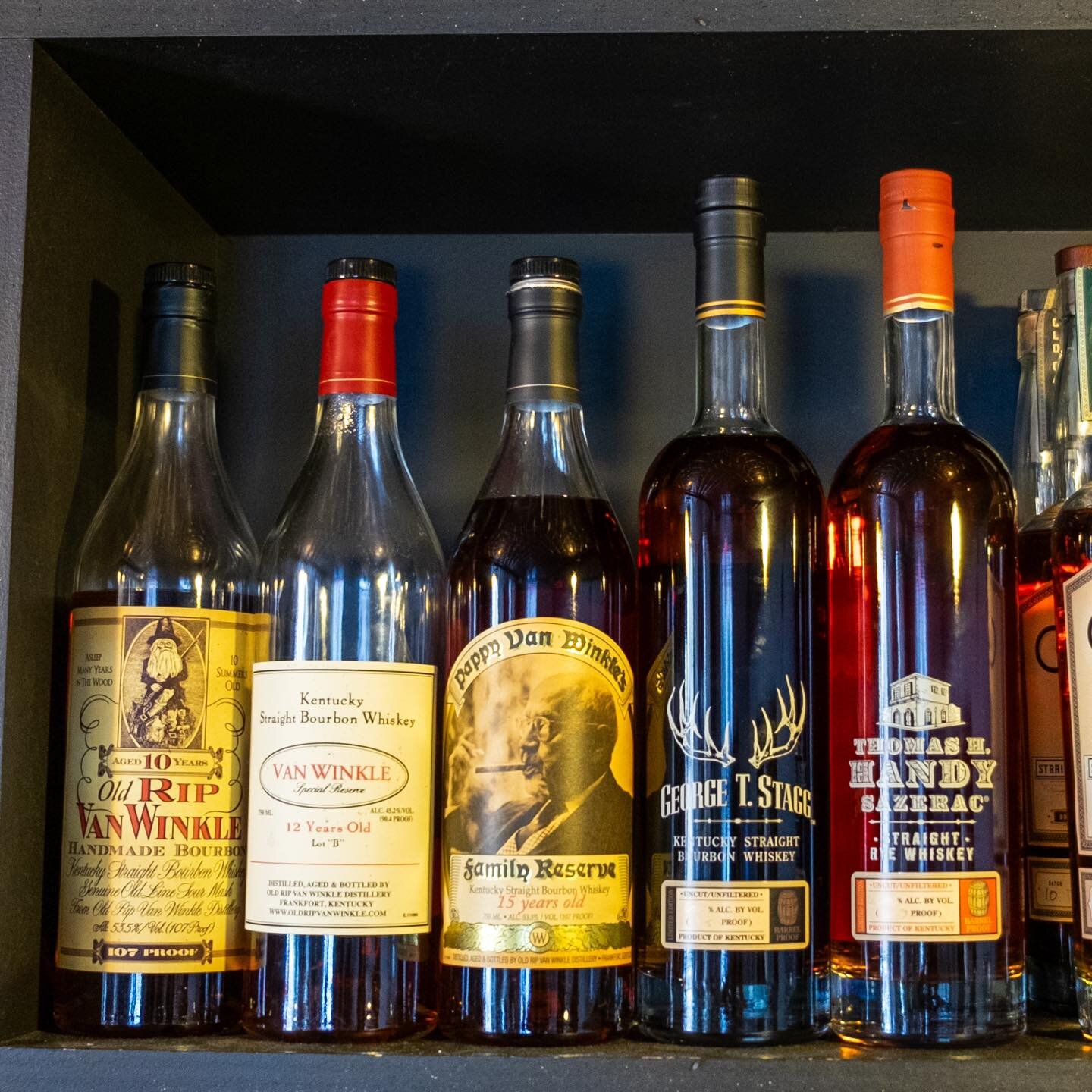 These whiskeys won&rsquo;t last long at these prices! 2 oz pour prices: 
Rip Van Winkle 10 yr $30
Van Winkle 12 yr $40
Pappy Van Winkle 15 yr $50
George T Stagg $50 
Thomas H Handy Sazerac $50