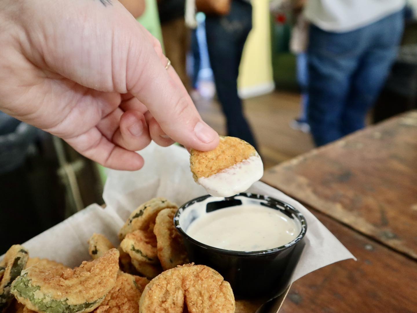 Fried pickles + our smoked tomato ranch = the bright spot in all of our cloudy days 

Open daily, 11-8!