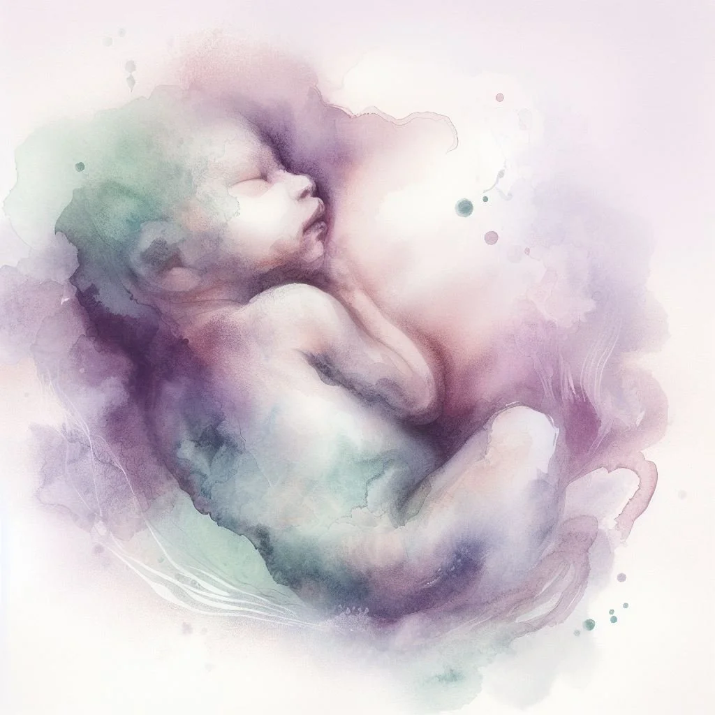 Watercolor painting of a sleeping baby in a fetal position with soft pastel colors.