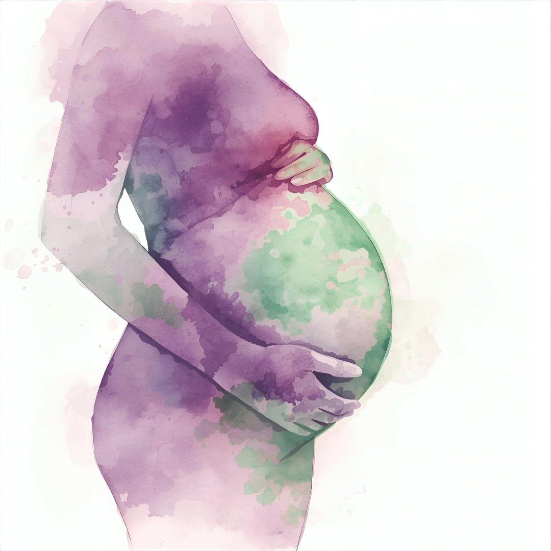Watercolor illustration of a pregnant woman cradling her belly with both hands.