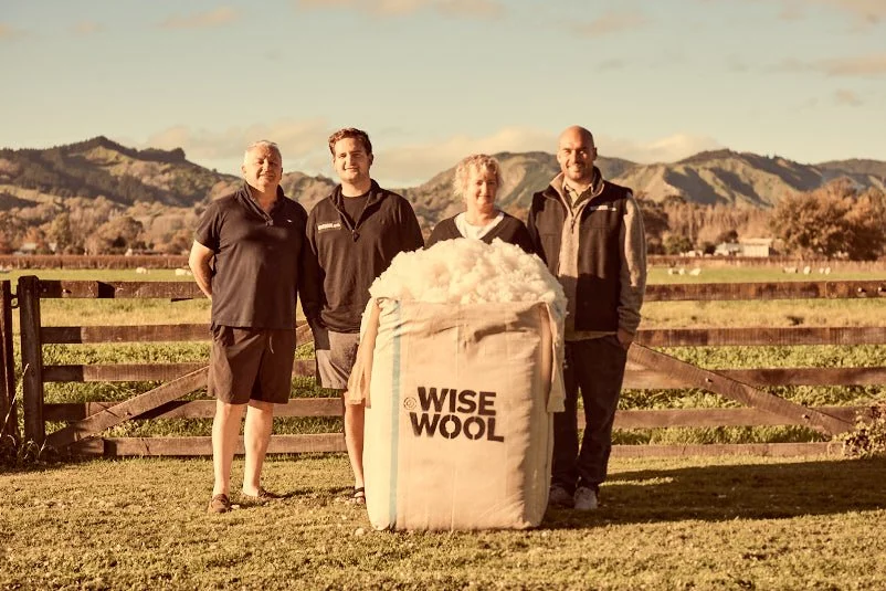 Wisewool™ co-founders Henry Hansen, Angus Hansen, Nicky Hansen and Harry Urquhart-Hay standing together at Hexton, Gisborne, New Zealand.