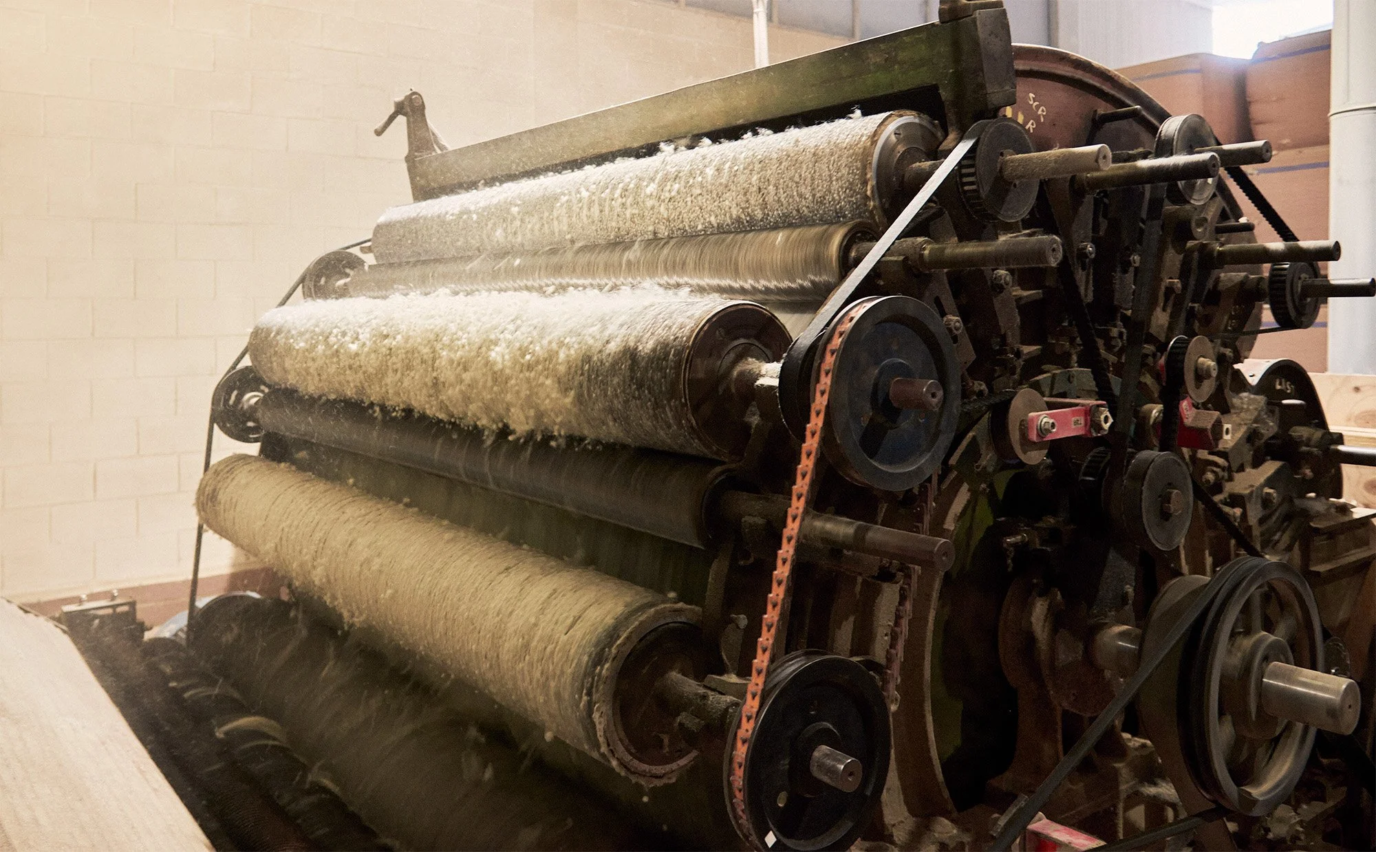Raw wool being processed through carding machinery for Wisewool™