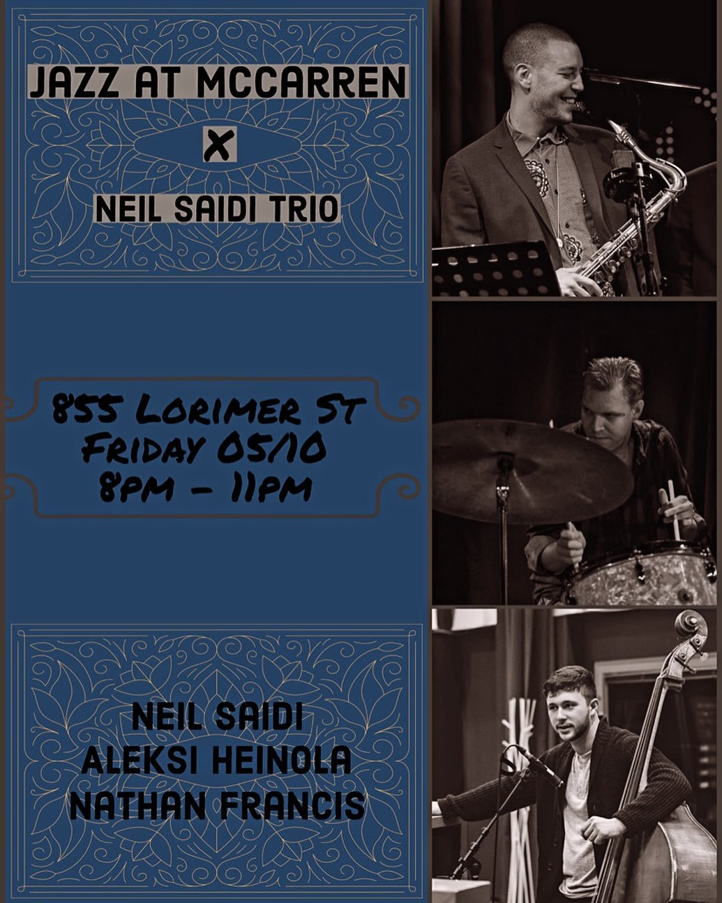 Jazz is ON tonight at 8. @therealneilsaidi @heinola.aleksi @nathanfrancismusic 

Groovy in the Parkhouse