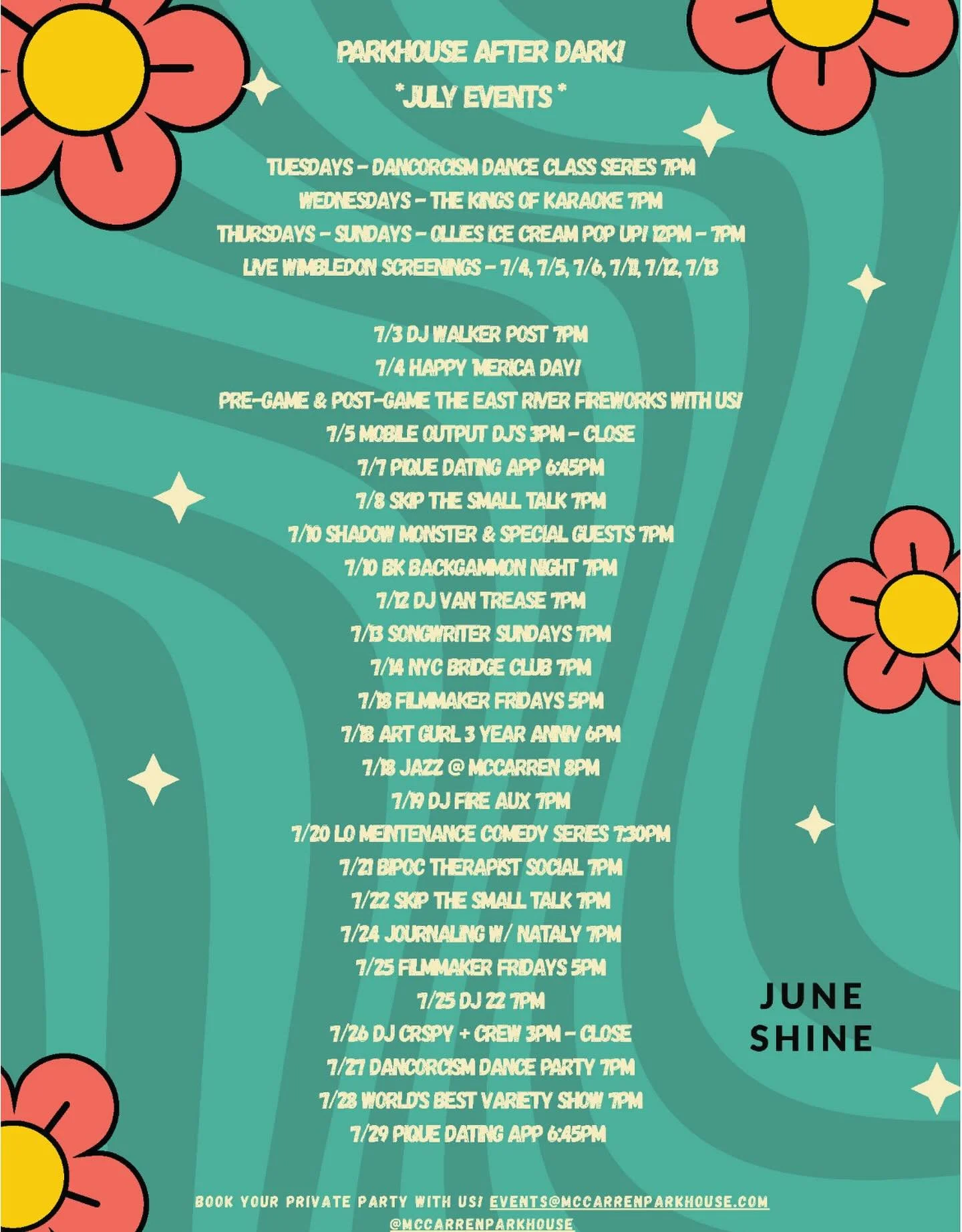 July. It&rsquo;s the prime Parkhouse month and we have so much going on. Join for the pre and post 🎆, morning and noon time Wimbledon screenings, DJ&rsquo;s and bands, Rummikubers&hellip; the list is endless. Or just come to take in the park and gra