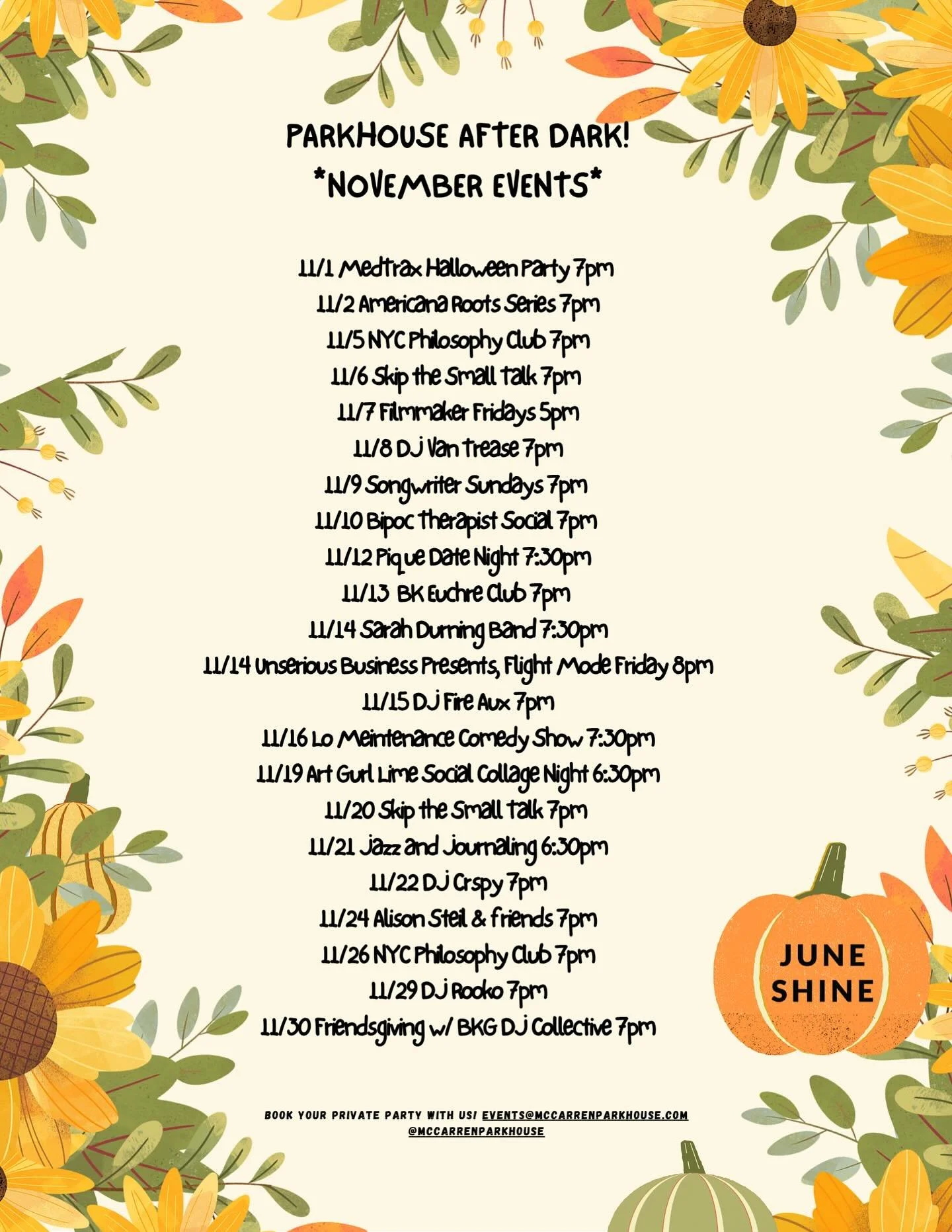 Fall in McCarren Park is wonderful, even after dark with some of these activities we have planned. Grab your hot cider, a sandwich and enjoy the indoor heated activities!