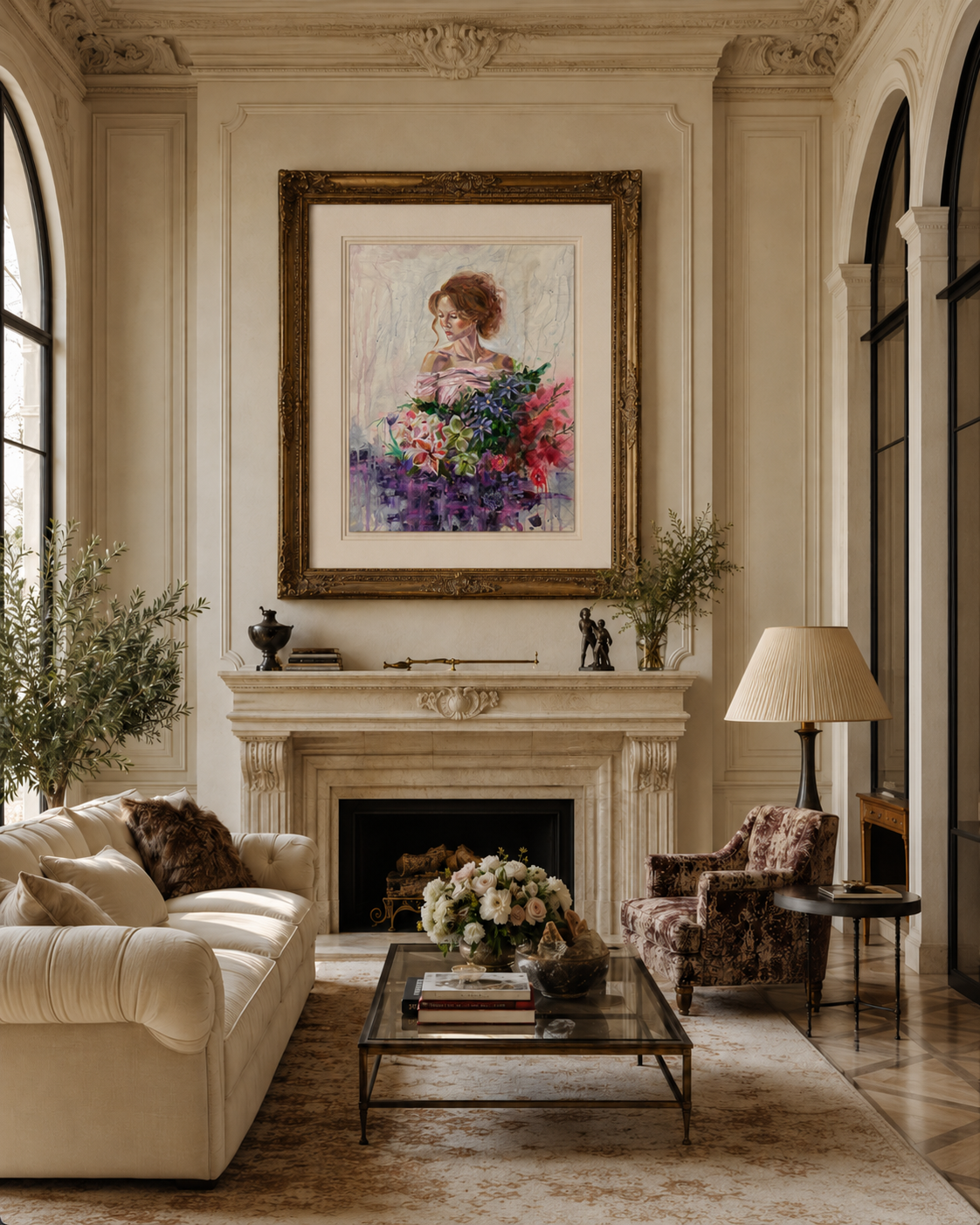 Luxury lounge room with cream soft sofas, parquetry floor, glass coffee table with flowers, cream marble fireplace with stunning portrait of a beautiful red head woman with symbolic flowers of clematis, hellebores, smoke bush
