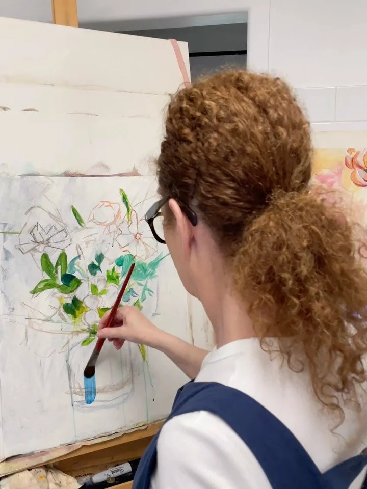 Recent happenings in and out of the studio 🕊  1. First layers down for painting the glass vase in this piece. I usually begin with transparent washes  2. Getting the greenery in amongst the orchids in her hair - I love Orchids, they&rsquo;re so stru