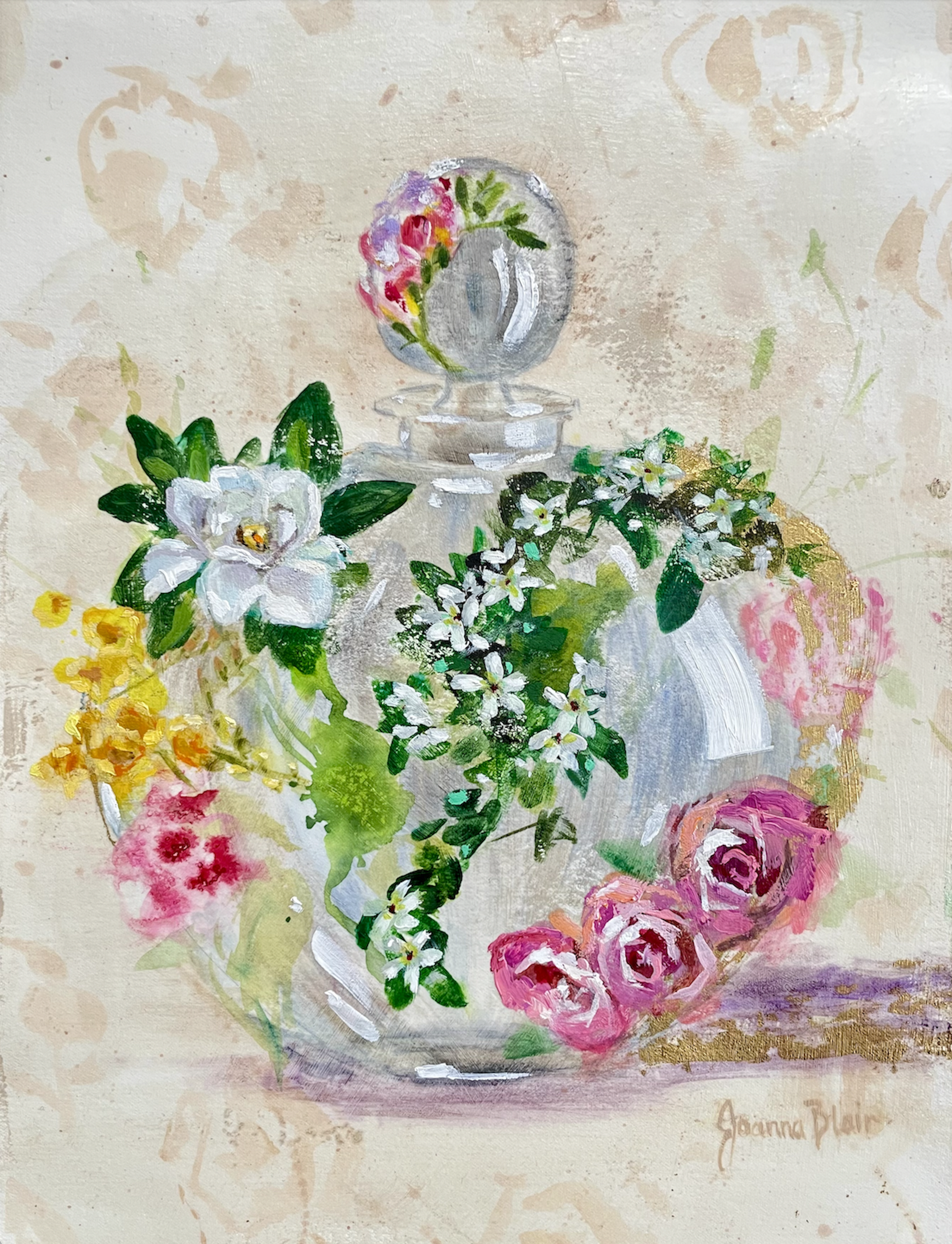 Expressive mixed media painting of a beautiful glass perfume bottle, covered in the flowers that represent the scent inside the bottle, featuring gold leaf, freesias, gardenia, roses and jasmine by fine artist Joanna Blair for her series The Beginnin