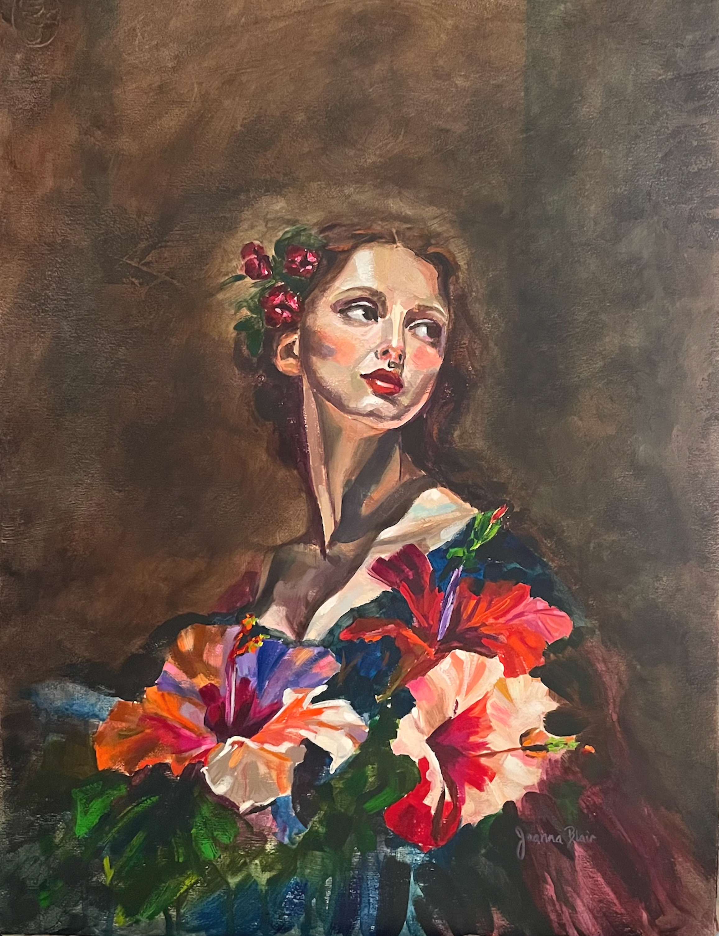 Portrait of beautiful brunette woman, looking over her shoulder, red tulips in her hair, colourful and vibrant hibiscus flowers through the front of the portrait. Mixed media painting by Joanna Blair