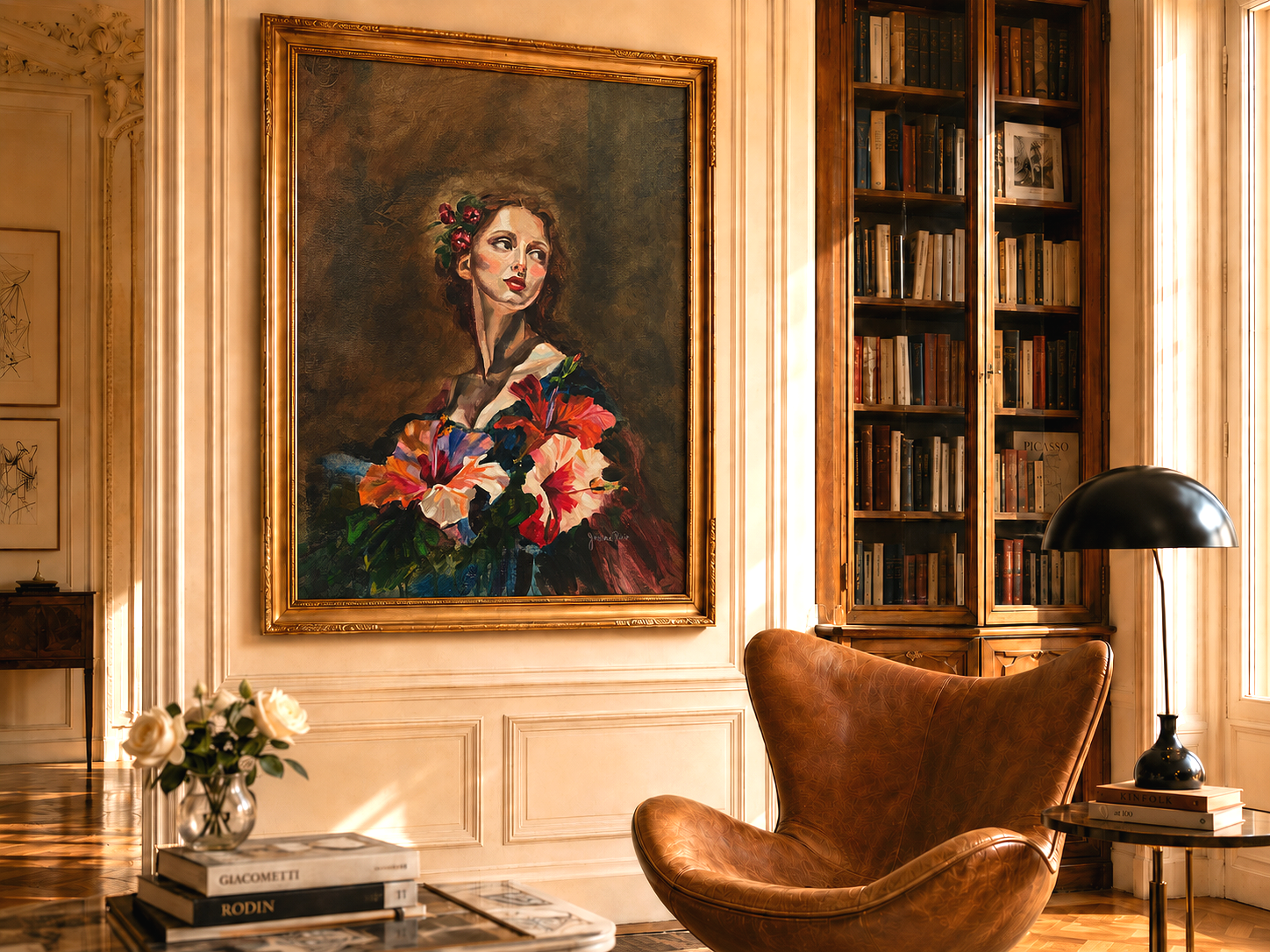 Portrait of beautiful brunette woman, looking over her shoulder, red tulips in her hair, colourful and vibrant hibiscus flowers through the front of the portrait, framed in gold gilt frame, in an elegant Parisian apartment with brown leather modern a