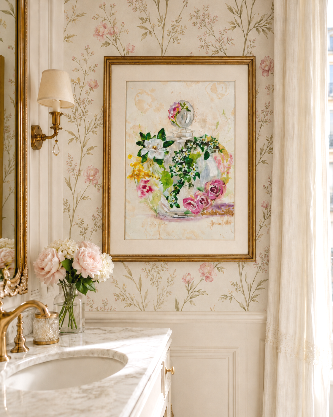 Expressive mixed media painting of a beautiful glass perfume bottle, covered in the flowers that represent the scent inside the bottle, featuring gold leaf, freesias, gardenia, roses and jasmine by fine artist Joanna Blair for her series The Beginnin