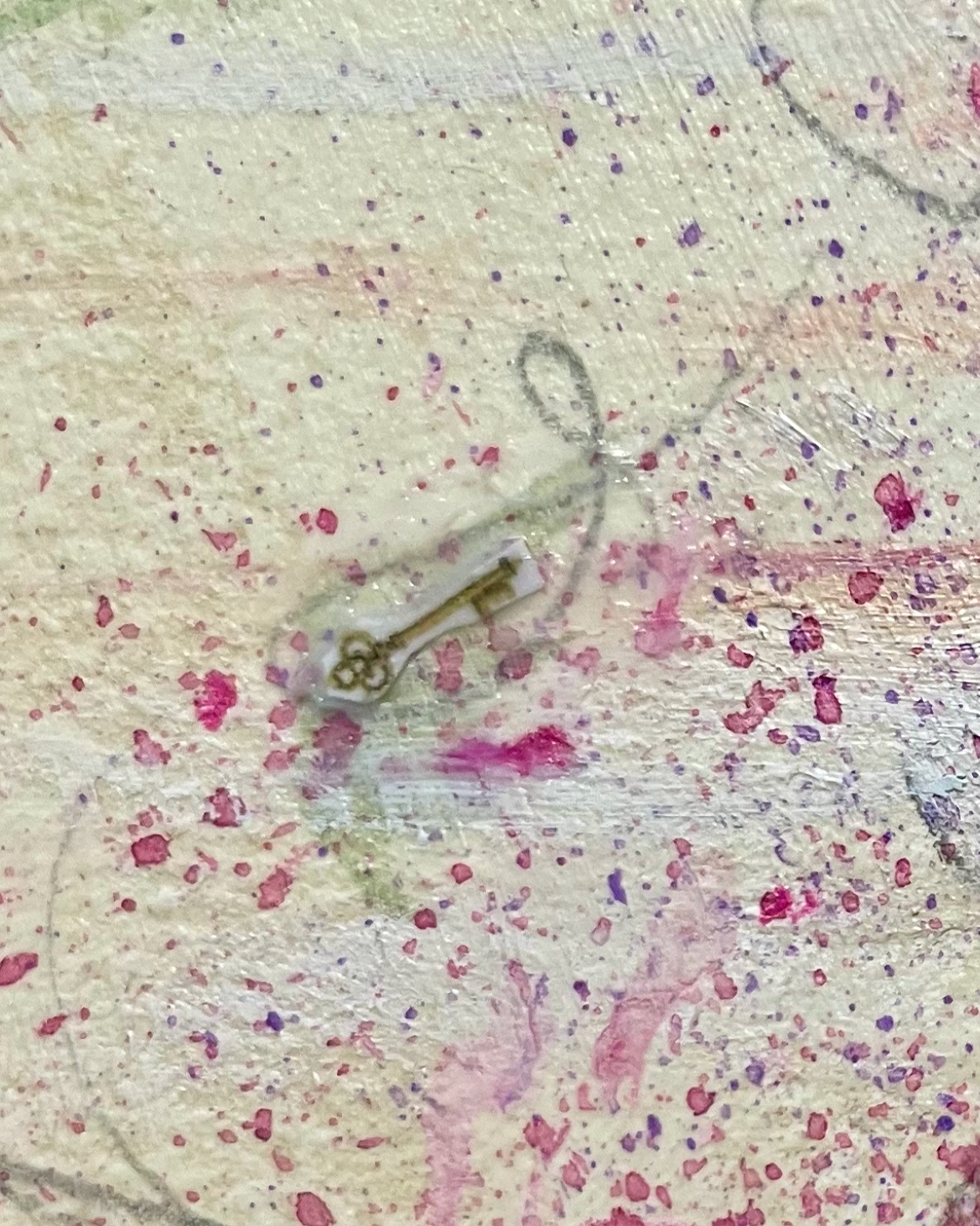 Close-up detail of the hidden Regency key in Joanna Blair’s original painting, The Beginning of Her Becoming — a symbolic element representing possibility, self-discovery, and the quiet unlocking of a woman’s next chapter.