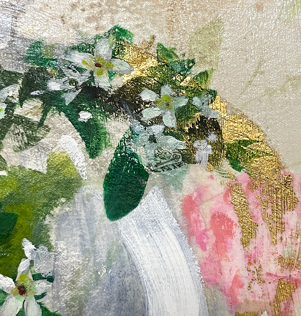 Close up detail of Joanna Blair's painting The Scent of Becoming, showing 23ct gold leaf detail and signature hidden regency key, amongst jasmine, expressive, impressionist painting