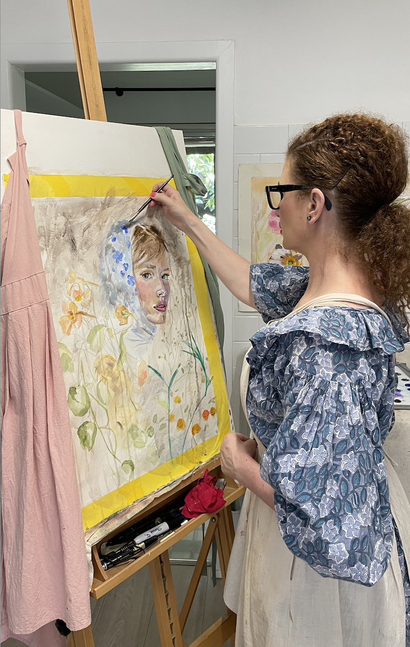 Artist Joanna Blair painting a figurative portrait in her studio, work in progress from The Murmur of Possibility series.