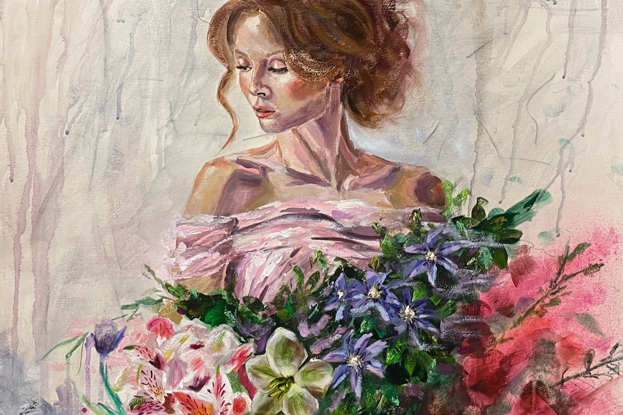 beautiful brunette, hair loosely up, looking down, wearing a silk pale pink chiffon dress, surrounded by flowers of clematis, hellebore and smoke bush, impressionist style painting