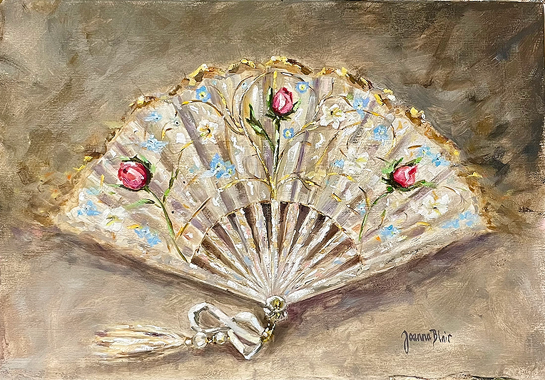 A custom made silk gauze fan featuring gold threads, a flawless natural pearl, silk tassel, ladies fan, hand embroidered rosebuds, forget me nots and orange blossom.