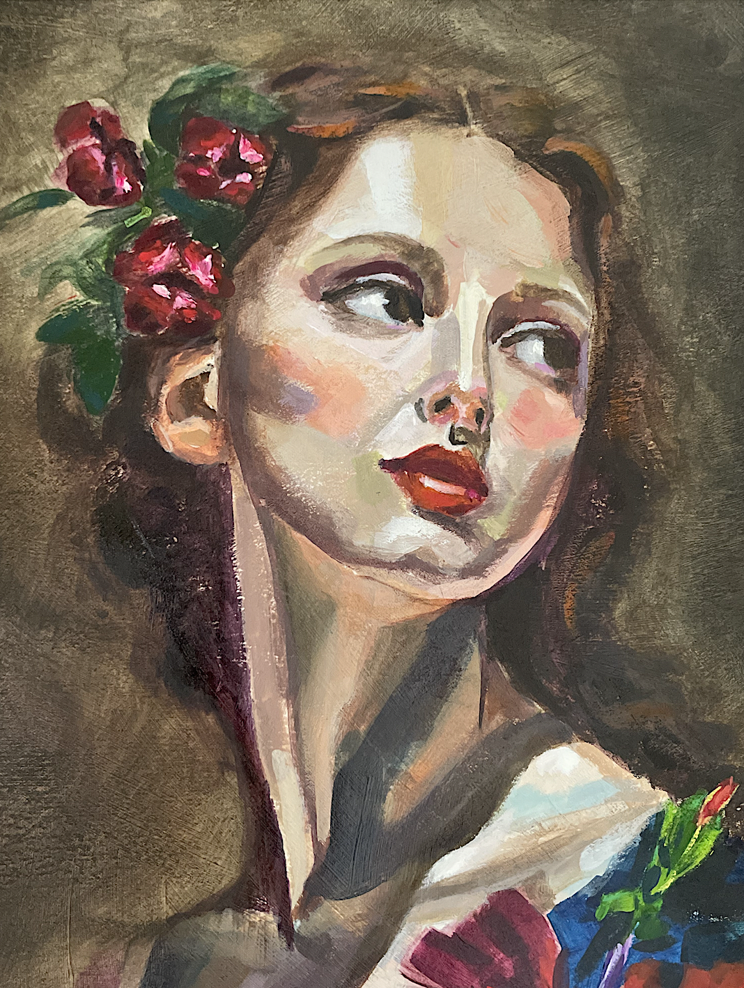 Up close portrait detail of beautiful brunette woman with tulips in her hair