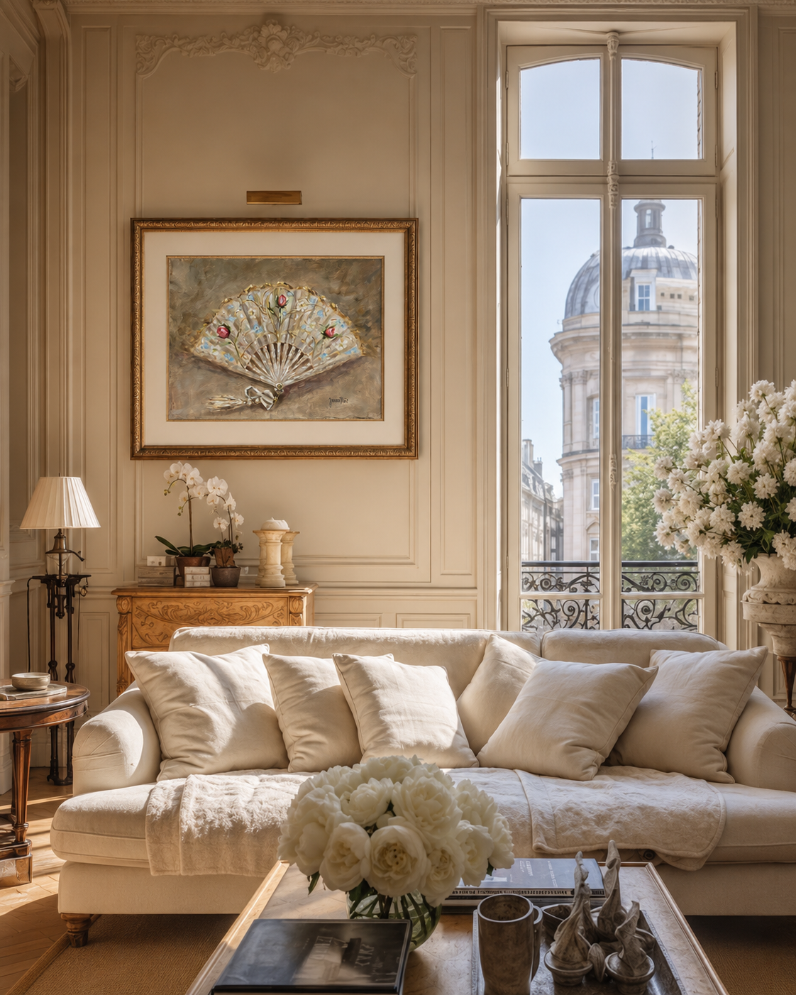 Interior mockup of “A Tender Return” an original floral fan painting by Australian artist Joanna Blair. The artwork is presented in an ornate gold frame with a wide ivory mat within a light-filled Parisian-inspired living room, with classic panelled 