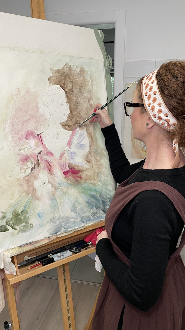 Australian fine artist Joanna Blair working in her Melbourne studio on a large-scale figurative painting in layered mixed media.