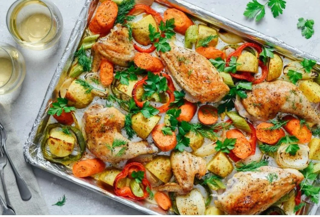 Roasted Sheet Pan Chicken with Spinach Rice Pilaf
