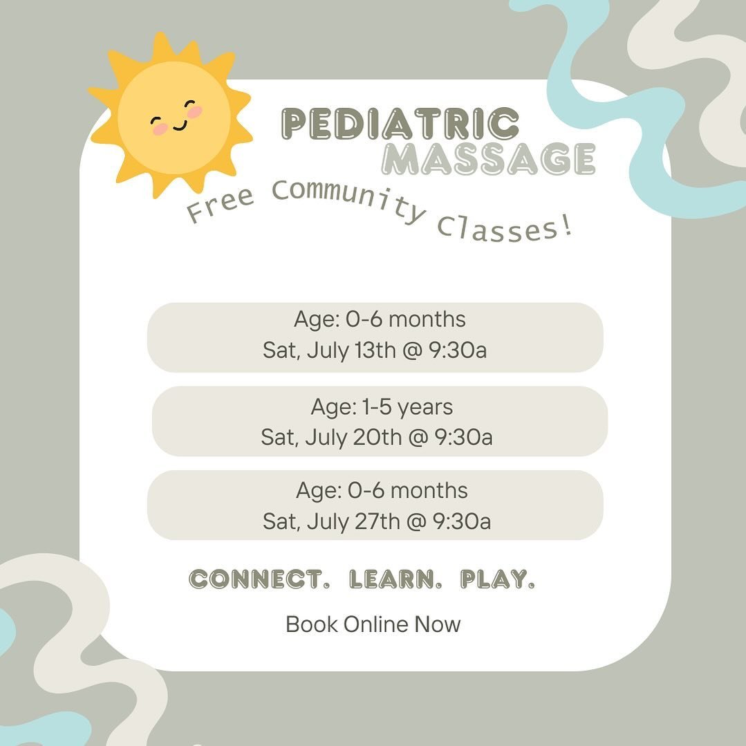 Free Community Classes are here 🥳

Come connect with other families and learn how to incorporate massage in your daily routine with your little one to:

☀️ Bond with them and soothe common infant/child challenges
☀️Support their nervous system
☀️ De