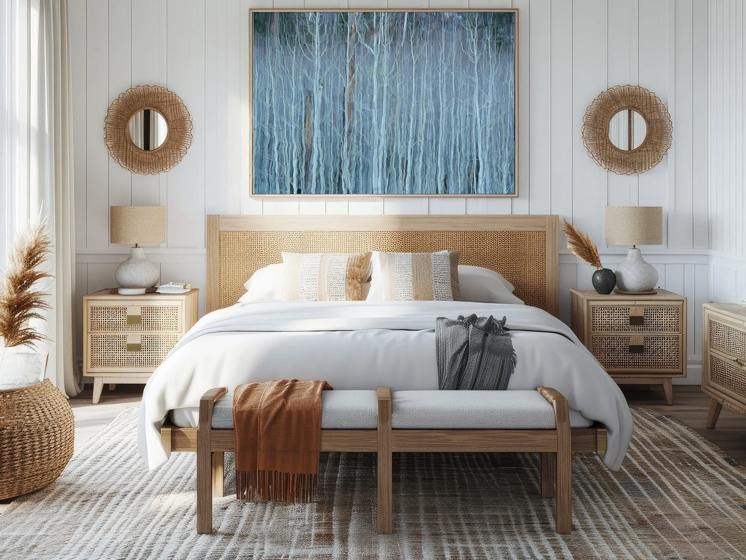 A cozy bedroom with a wooden bed frame, white bedding, and decorative pillows. Two nightstands with lamps, woven wall art, a large blue abstract painting, and natural decor accents create a calming atmosphere.